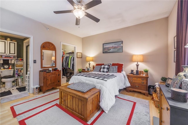 bedroom with ceiling fan, a walk in closet, light hardwood / wood-style floors, and a closet