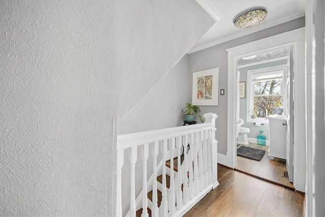 interior space featuring hardwood / wood-style flooring, ornamental molding, and lofted ceiling