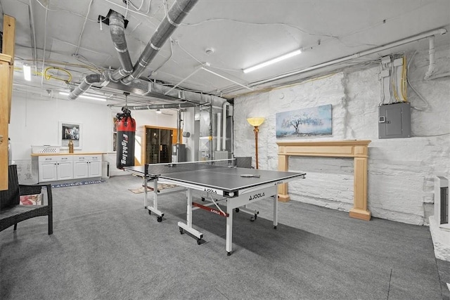 playroom with carpet floors, electric panel, and electric water heater