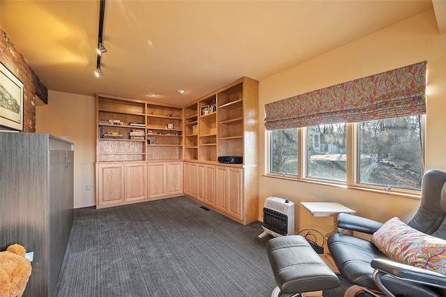 living area with heating unit, rail lighting, and dark colored carpet