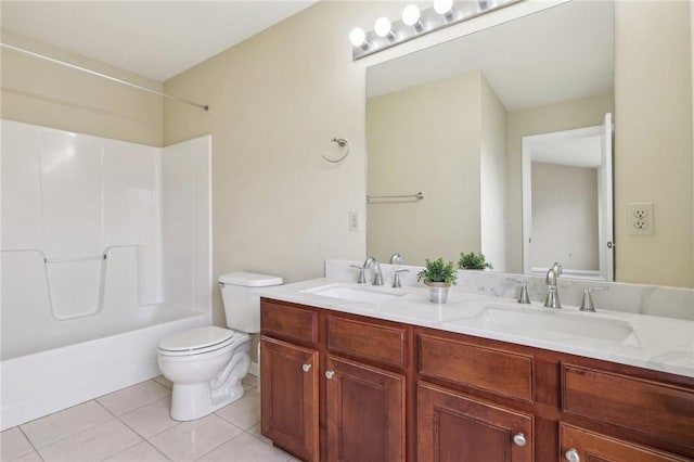 full bathroom with vanity, toilet, tub / shower combination, and tile patterned flooring