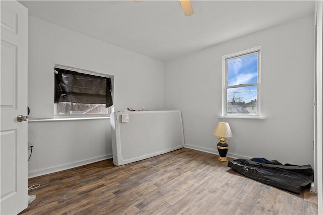 bedroom featuring hardwood / wood-style flooring and ceiling fan