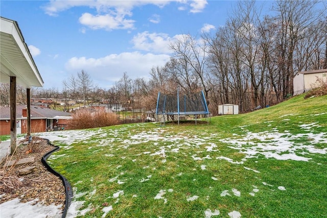 view of yard with a trampoline, an outdoor structure, and a storage shed