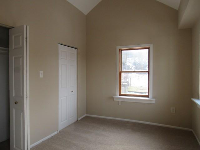 unfurnished bedroom with high vaulted ceiling and light carpet