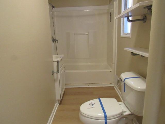 bathroom featuring hardwood / wood-style flooring, vanity, and toilet