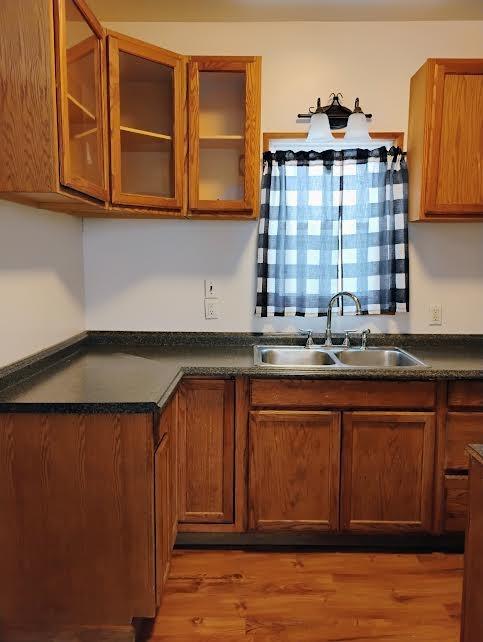 kitchen with sink and light hardwood / wood-style flooring