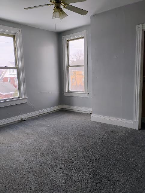 carpeted spare room featuring ceiling fan and a wealth of natural light