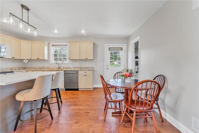 kitchen featuring light hardwood / wood-style flooring, appliances with stainless steel finishes, hanging light fixtures, plenty of natural light, and cream cabinetry