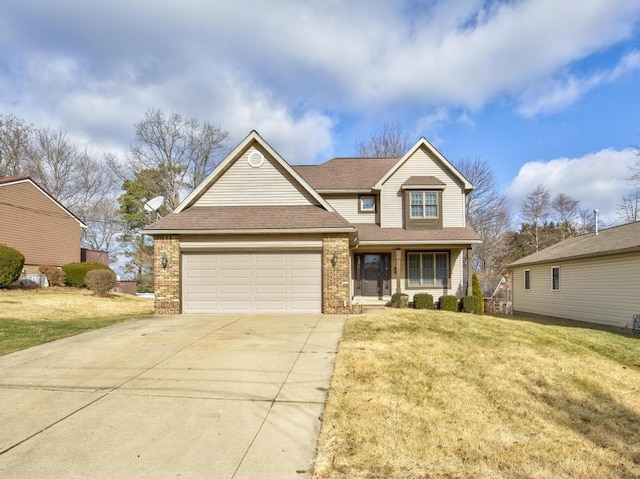 view of front property with a garage, a porch, and a front yard