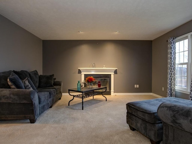 living room featuring light carpet