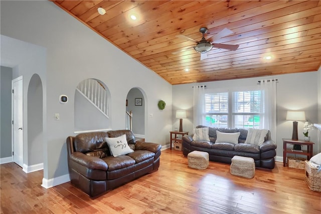 living room featuring wooden ceiling, ceiling fan, and light hardwood / wood-style flooring