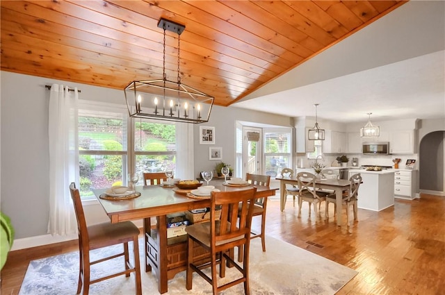 dining room with lofted ceiling, wood ceiling, and light wood-type flooring