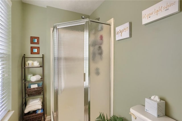 bathroom with walk in shower, toilet, and vaulted ceiling