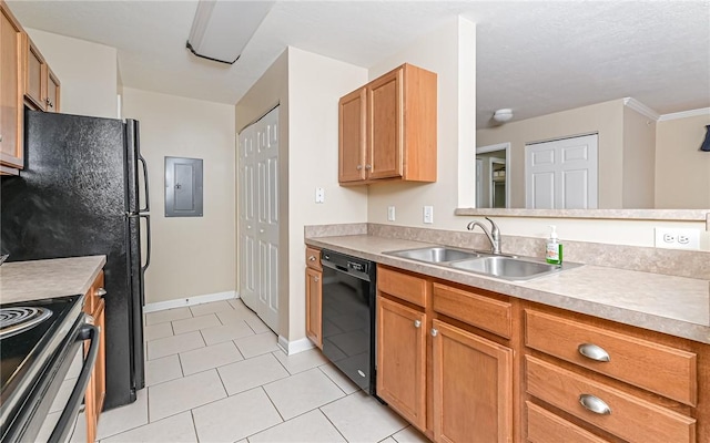 kitchen featuring electric range oven, dishwasher, sink, light tile patterned floors, and electric panel