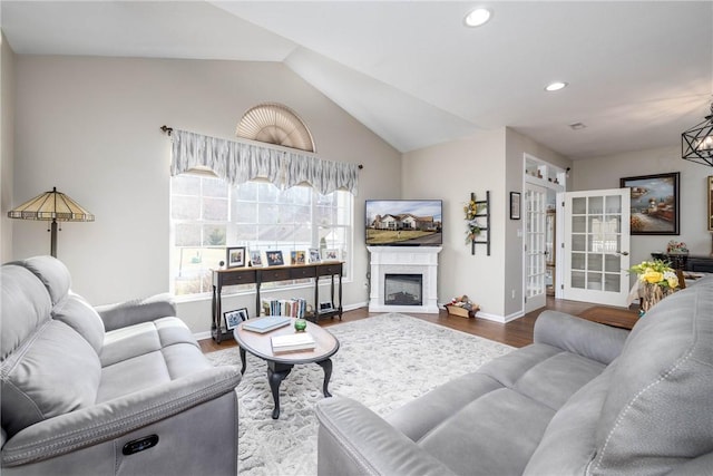 living room featuring hardwood / wood-style flooring and lofted ceiling