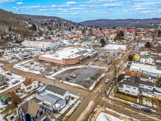 snowy aerial view featuring a mountain view