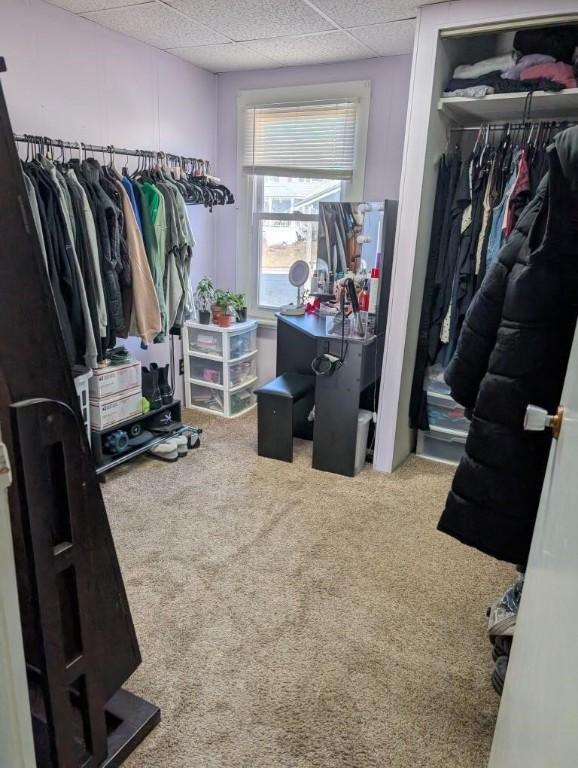 walk in closet with carpet flooring and a drop ceiling