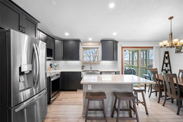 kitchen with appliances with stainless steel finishes, pendant lighting, sink, backsplash, and a center island