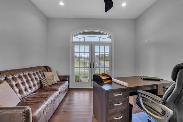 office space with french doors and dark hardwood / wood-style floors