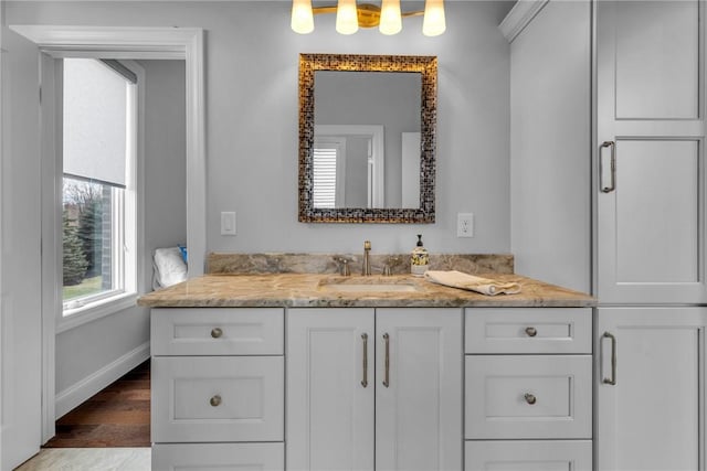 bathroom with vanity and wood-type flooring