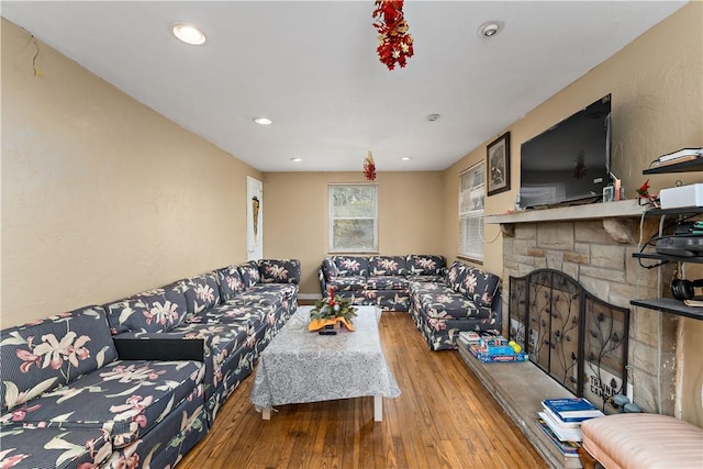 living room featuring a fireplace and light hardwood / wood-style floors