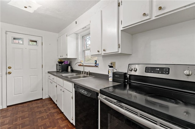 kitchen with white cabinetry, black dishwasher, sink, and electric stove