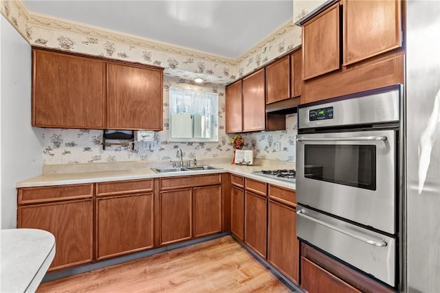 kitchen featuring appliances with stainless steel finishes, light hardwood / wood-style floors, and sink