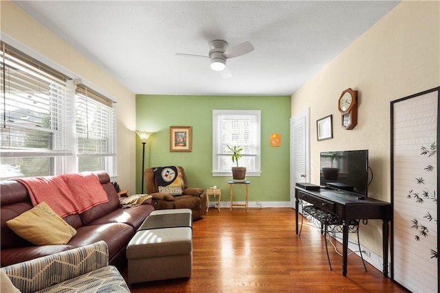 living room with ceiling fan and wood-type flooring