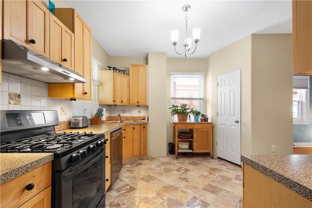 kitchen featuring pendant lighting, dishwasher, black gas stove, backsplash, and a chandelier