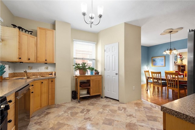 kitchen featuring pendant lighting, dishwasher, sink, a notable chandelier, and light brown cabinets