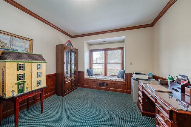 office with dark colored carpet and ornamental molding