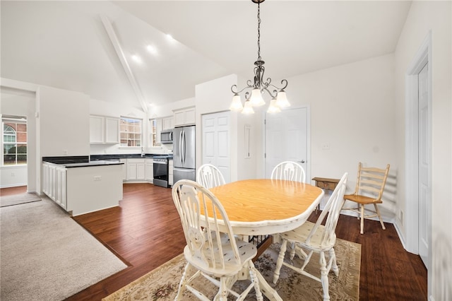 dining room with dark hardwood / wood-style flooring, beam ceiling, high vaulted ceiling, and a chandelier