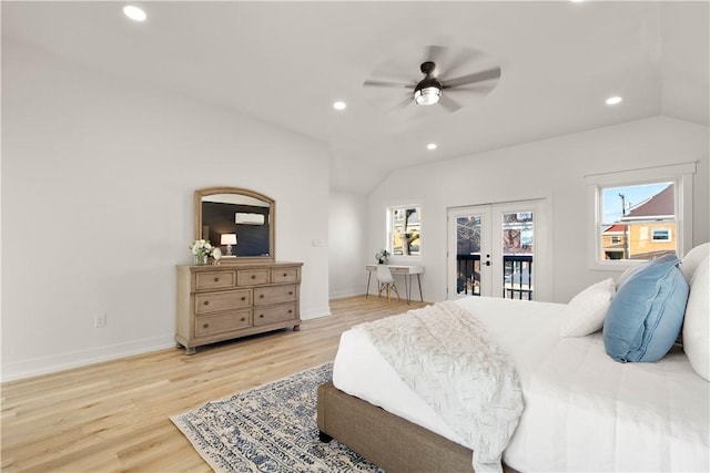 bedroom with french doors, lofted ceiling, access to outside, ceiling fan, and light hardwood / wood-style flooring