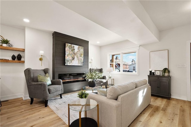 living room featuring a fireplace and light wood-type flooring