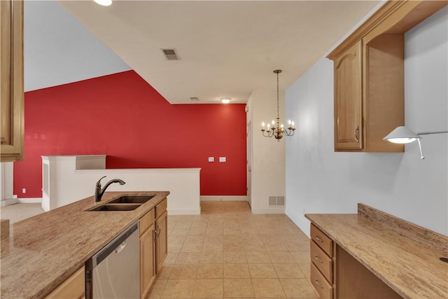 kitchen featuring light tile patterned flooring, decorative light fixtures, dishwasher, sink, and an inviting chandelier