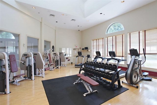 workout area featuring light hardwood / wood-style floors and a high ceiling