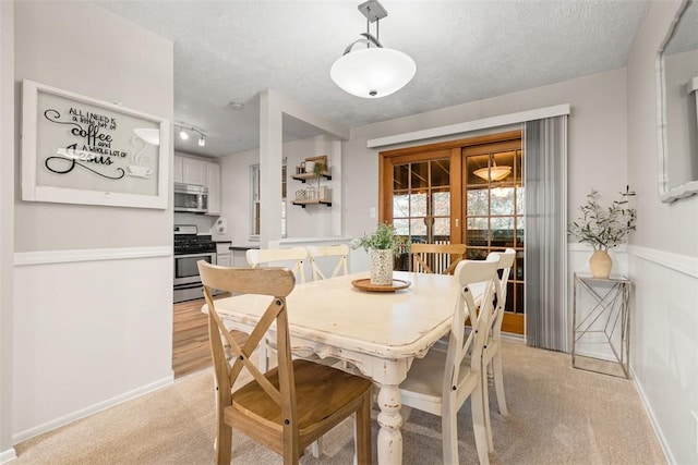 carpeted dining room featuring rail lighting and a textured ceiling