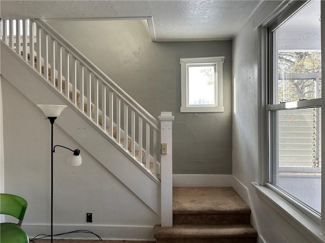 staircase with carpet floors and a textured ceiling