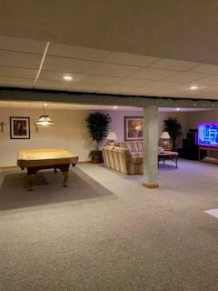 playroom featuring carpet flooring and billiards