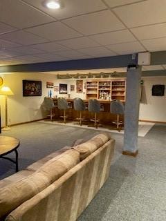 cinema room with carpet and a drop ceiling