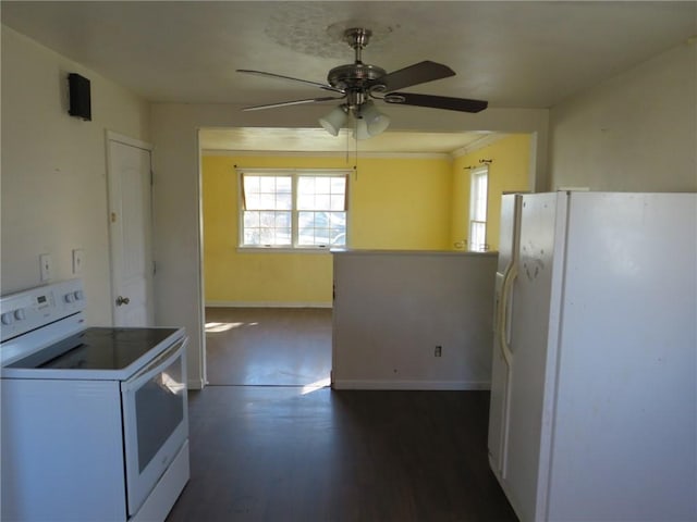 kitchen featuring ceiling fan, white appliances, dark wood-type flooring, and a healthy amount of sunlight