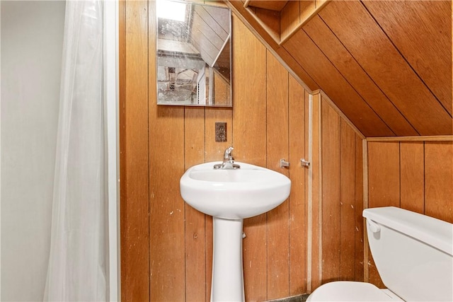 bathroom with toilet and wooden walls