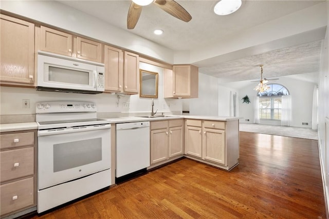 kitchen featuring hardwood / wood-style flooring, white appliances, light brown cabinetry, and sink