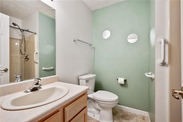 bathroom with walk in shower, toilet, a textured ceiling, vanity, and tile patterned flooring