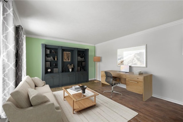 office space featuring dark wood-type flooring and ornamental molding