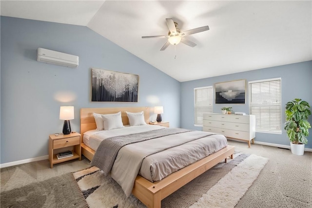 bedroom featuring ceiling fan, lofted ceiling, a wall mounted air conditioner, and light colored carpet