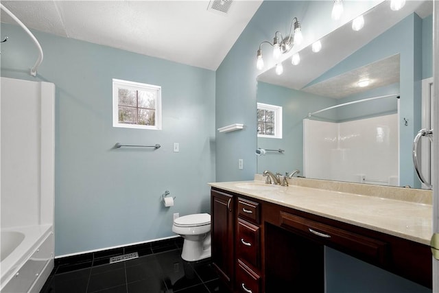 full bathroom with lofted ceiling, vanity, shower / bathing tub combination, tile patterned floors, and toilet