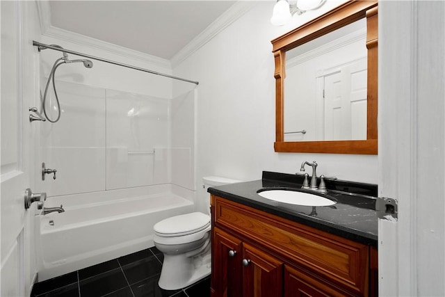 full bathroom with tile patterned flooring, ornamental molding, vanity, toilet, and bathing tub / shower combination