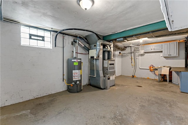 basement with water heater and heating unit