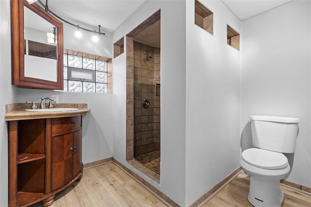 bathroom featuring vanity, wood-type flooring, toilet, and tiled shower